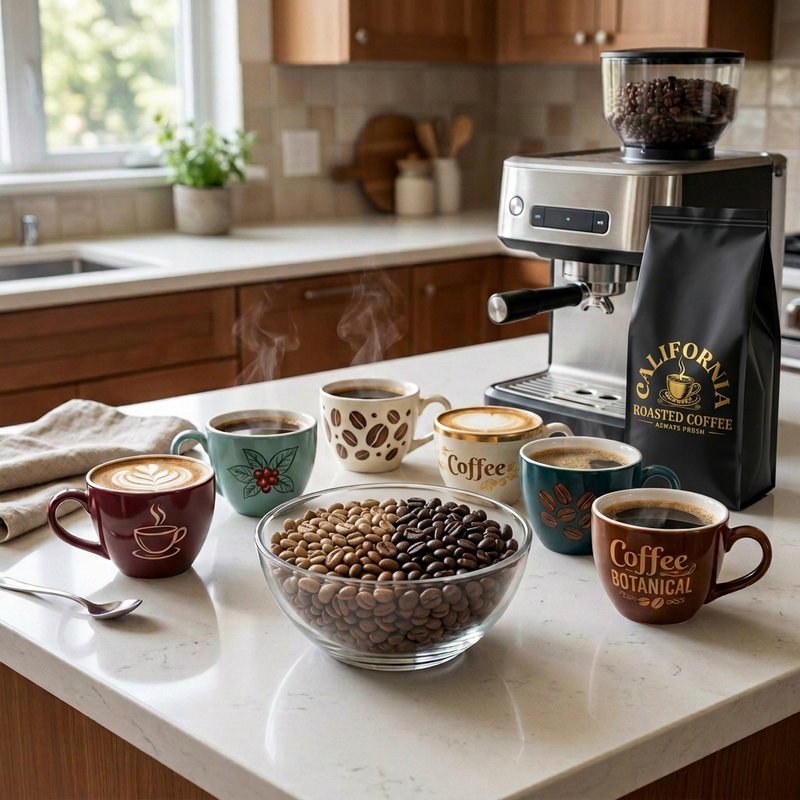 Coffee Blend scene with branded coffee bag and contrasting roast colors in a glass bowl