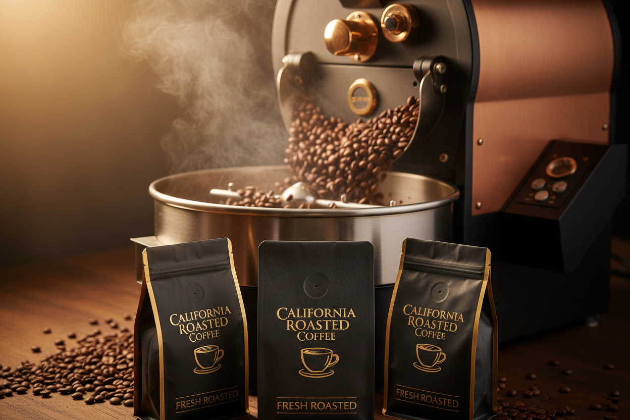 freshly roasted coffee being fresh roasted in a beautiful roaster  show the beans,  and a few bags of coffee with logo on coffee bags logo: California Roasted Coffee in a half circle, over coffee cup and saucer, in 14k gold letters, with fresh roasted on the bags. 